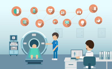 Medical service with doctor and patient in mri scanner flat  design vector illustration