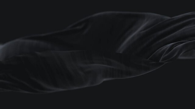4k Black wave satin fabric background.Wavy silk dark cloth fluttering in the wind.tenderness and airiness.3D digital animation of seamless flag waving ribbon streamer riband.