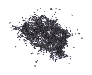 Pile of organic black sesame seeds isolated on white background