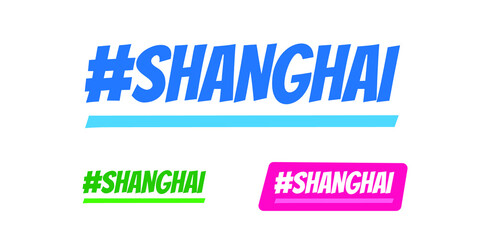 Shanghai City Hashtag Vector Logo for marketing, tourism, travel, and events promotion in blue, green, and pink font on white background.