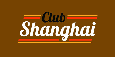 Vintage beer label inspired Shanghai City Vector Logo for marketing, tourism, travel, and events promotion in white and black font on golden-brown background with orange stripes.