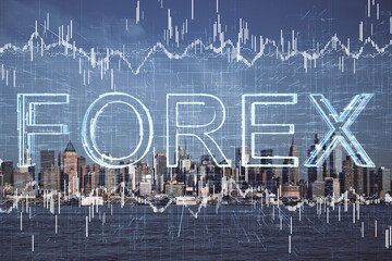 Forex chart on cityscape with skyscrapers wallpaper double exposure. Financial research concept.
