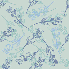 Modern line art leaf seamless pattern on light green background. Hand drawn floral botanical wallpaper.