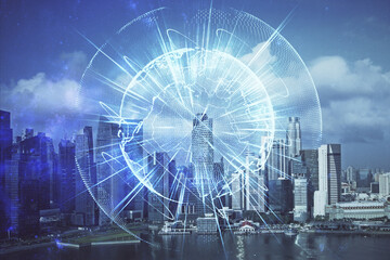 Double exposure of business theme hologram drawing and city veiw background. Concept of success.