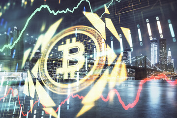 Multi exposure of cryptocurrency theme hologram drawing and city veiw background. Concept of...
