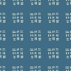 Obraz premium Hand drawn seamless pattern with dash line on blue background. Decorative line shapes endless wallpaper. Stripe backdrop for fabric design