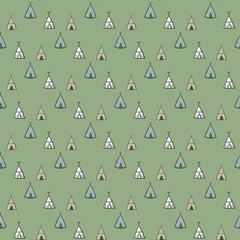 Hand drawn teepee seamless pattern on green background. Tribal wallpaper. © smth.design