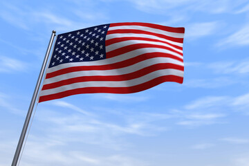 CGI isolated USA flag waving on a blue sly - close up of United States of America national flag flowing in the wind in US American democracy and freedom concept