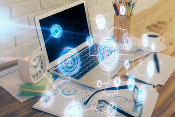Multi exposure of desktop with computer on background and tech theme drawing. Concept of big data.