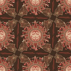 Viking tribal sun and wolf tattoo design for Seamless pattern vector with red brown urban color tone background 