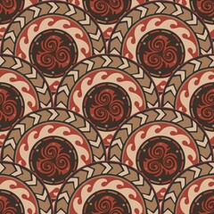 Viking trinity Triquetra tribal tattoo design for scale Seamless pattern vector with red brown urban color tone background 