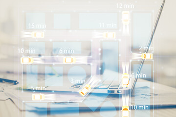 Desktop computer background in office with automobile hologram drawing. Multi exposure. Tech concept.