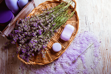 Obraz na płótnie Canvas natural cosmetics for body and bath made of lavender, Spa accessories