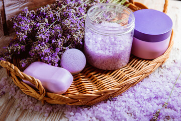 Obraz na płótnie Canvas natural cosmetics for body and bath made of lavender, Spa accessories