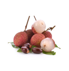 Fresh lychees with leaves isolated on white background