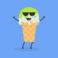 Cute Flat Cartoon Green Tea Ice Cream Illustration. Vector illustration of cute ice cream with a smiling expression. Cute green tea ice cream mascot design