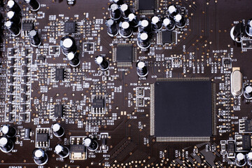electronic Board with a large chip and radio components, computer module.