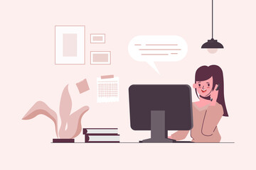 Businesswoman working at office character flat design. Workspace concept background.