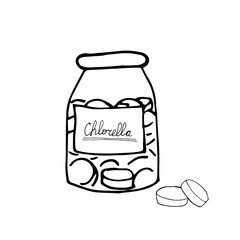 jar bottle and pills chlorella hand drawn in doodle style. single element for design. super food, algae, pharmacy, medicine