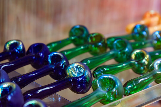 Glass pipes on display for smoking marijuana known as weed or pot in a store in San Francisco famous Haight Ashbury