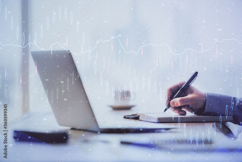 Aufkleber multi exposure of forex chart with man working on computer on background. concept of market analysis