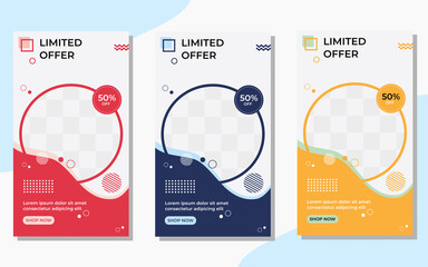 Collection of minimalist social media stories post template with mockup frame concept, wave shapes and memphis style