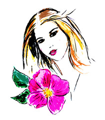 Graphic image of a girl's face with a rosehip flower
