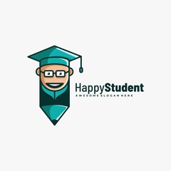 Vector Logo Illustration Happy Student Cute Cartoon.