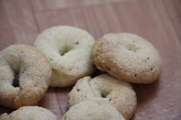 donuts on wooden background. isolated