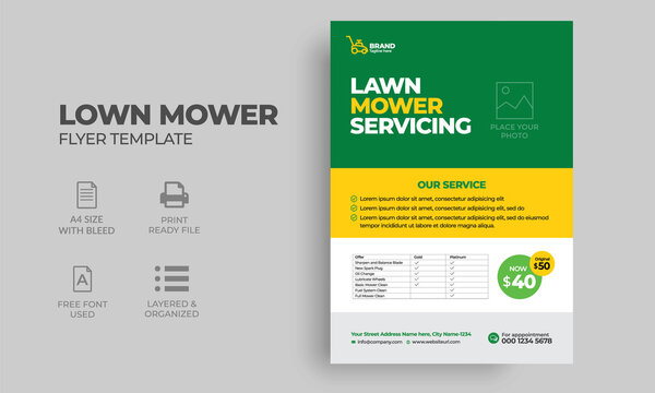 Lawn Mower Service Flyer Template.  Lawn Mower Poster, Leaflet, Poster Design. Grass, Equipment, Mowing, Gardener