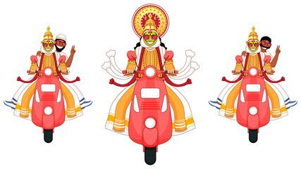 Fototapeta premium Illustration of Kathakali Dancer, South Indian Man and Muslim Man Riding on Scooter in Three Option.