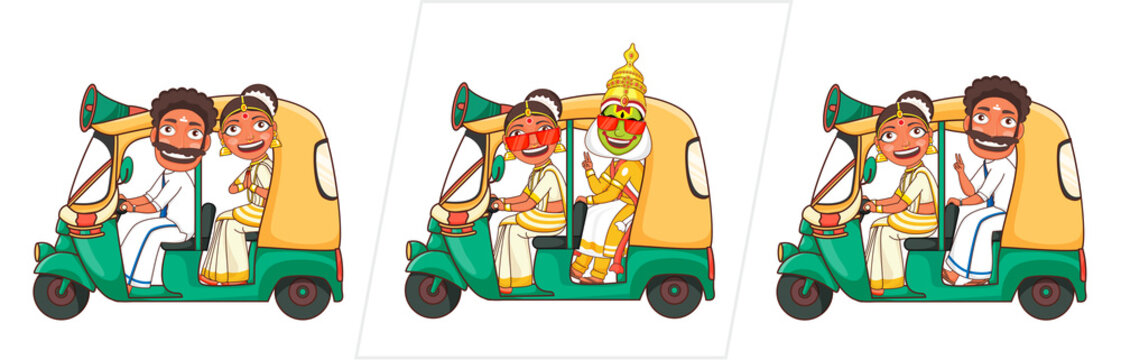 South Indian Man With Woman And Kathakali Dancer Riding On Auto Taxi For Announcement.