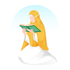 Cartoon Muslim Woman Reading a Holy Book in Sitting Pose.
