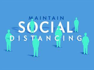 Paper Cut Style Social Distancing Text with People Maintain Keep Distance on Blue Background.