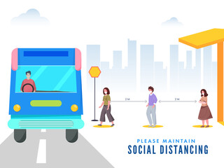 People wear Protective Mask in Queue of Traveling by Bus and Maintaining Social Distance to Prevent from Coronavirus (Covid-19).