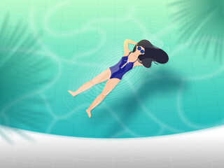 Modern Young Girl Lying Down in Swimming Pool for Enjoying Summertime.
