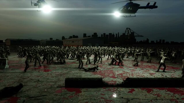 horror zombie crowd walking. Apocalypse view, concept. Realistic 4K animation.