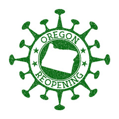 Oregon Reopening Stamp. Green round badge of us state with map of Oregon. Us state opening after lockdown. Vector illustration.