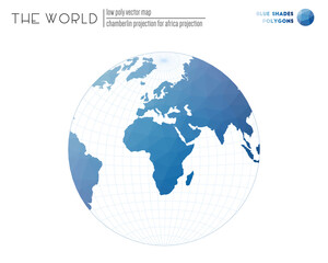 Polygonal map of the world. Chamberlin projection for Africa projection of the world. Blue Shades colored polygons. Neat vector illustration.