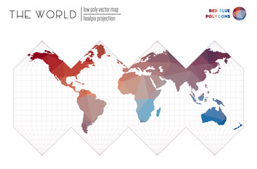 World map in polygonal style. HEALPix projection of the world. Red Blue colored polygons. Trending vector illustration.
