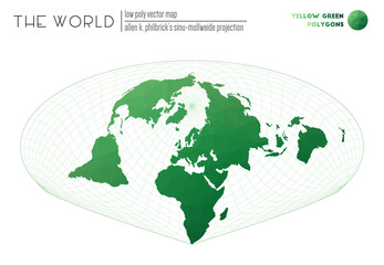 Polygonal world map. Allen K. Philbrick's Sinu-Mollweide projection of the world. Yellow Green colored polygons. Creative vector illustration.
