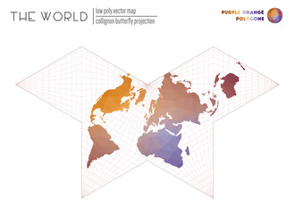 Triangular mesh of the world. Collignon butterfly projection of the world. Purple Orange colored polygons. Trending vector illustration.