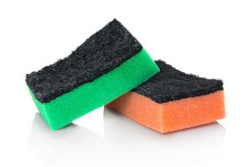 Typical double sided kitchen dish cleaning sponges. Isolated on white background with shadow reflection. With clipping path. Artificial fiber sponges. Polyurethane sponges combined with scouring pads.