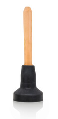 Toilet plunger with black rubber pump and wooden handle. Isolated on white background with shadow...