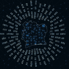 Ivory Coast digital map. Binary rays radiating around glowing country. Internet connections and data exchange design. Vector illutration.