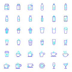 Set of beverage and drink icons line style. It contains such Icons as coffee, water, tea, cocktail, wine, milk, ice cafe mocha, beer, soda, can, juice and other elements.