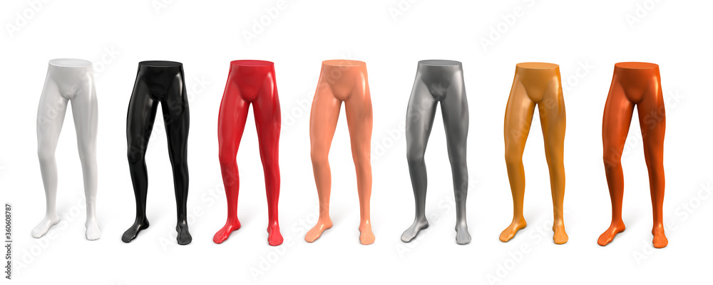 Sticker Male legs standing on the surface of different colors. Plastic male mannequin. 3d vector illustration isolated on white background. The male body.