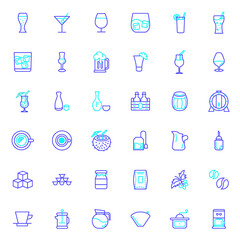 Set of beverage and drink icons line style. It contains such Icons as coffee, beer, tea, cocktail, wine, whiskeys, tequila, bottle, barrel, juice and other elements.