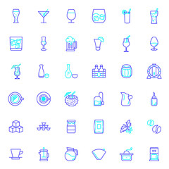 Fototapeta premium Set of beverage and drink icons line style. It contains such Icons as coffee, beer, tea, cocktail, wine, whiskeys, tequila, bottle, barrel, juice and other elements.