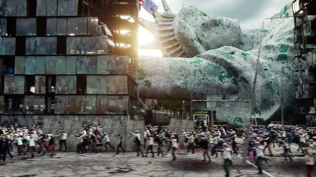 zombie apocalypse in usa. walking crowd zombies. Realistic 4K animation.